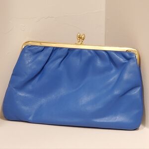Vintage Adrian Gold of London Leather Puckered Clutch Hand Bag, Blue, Gold, EUC